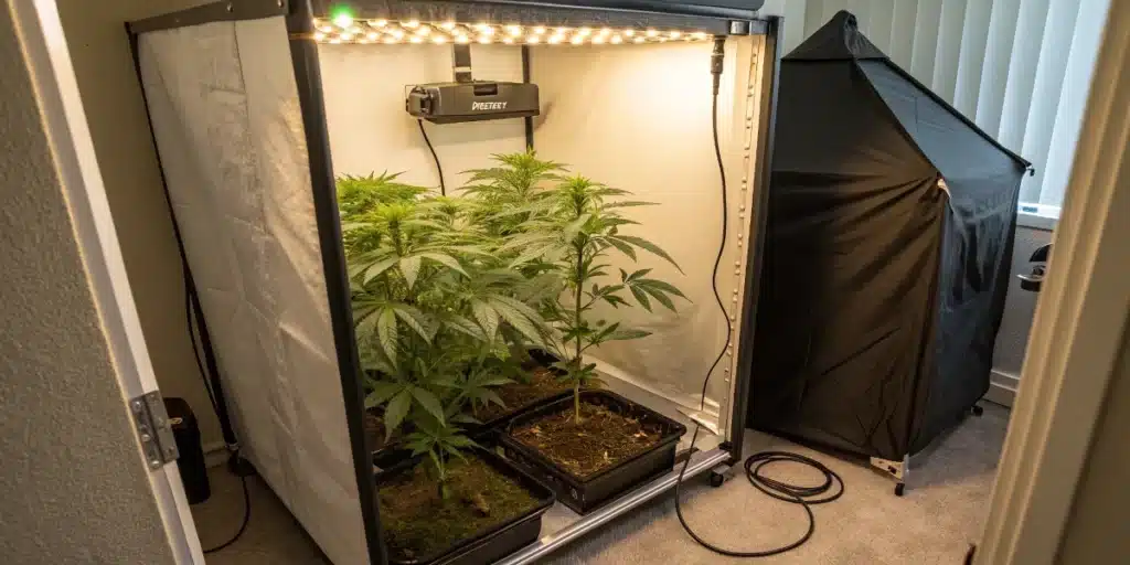 Indoor cannabis grow setup using compact LED lights and reflective walls in a closet space with healthy green plants