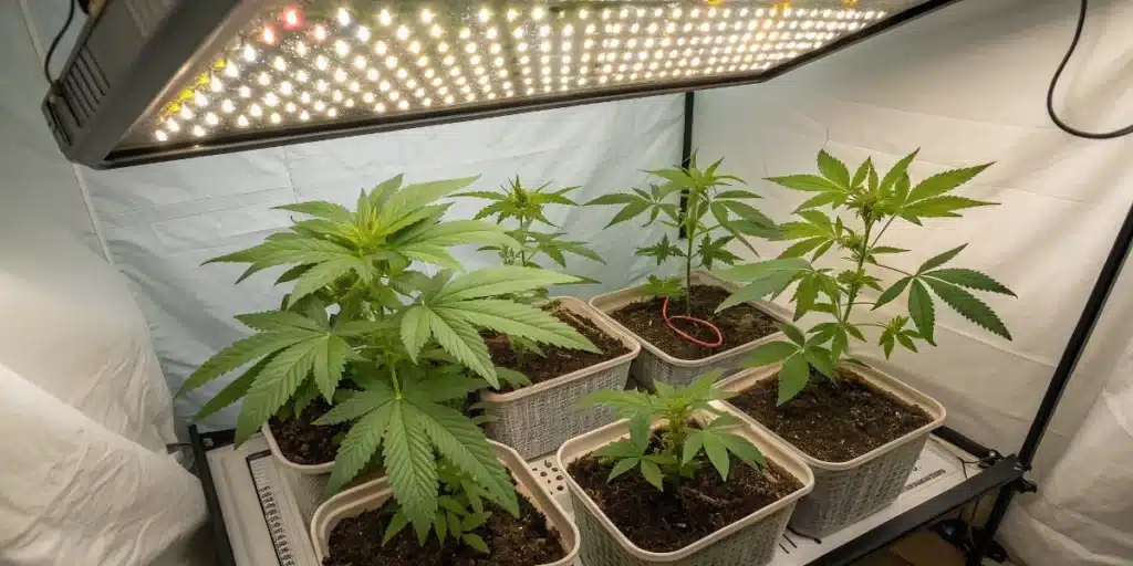 Indoor weed grow setup featuring six cannabis plants in fabric pots under full-spectrum LED lighting in a white grow tent.