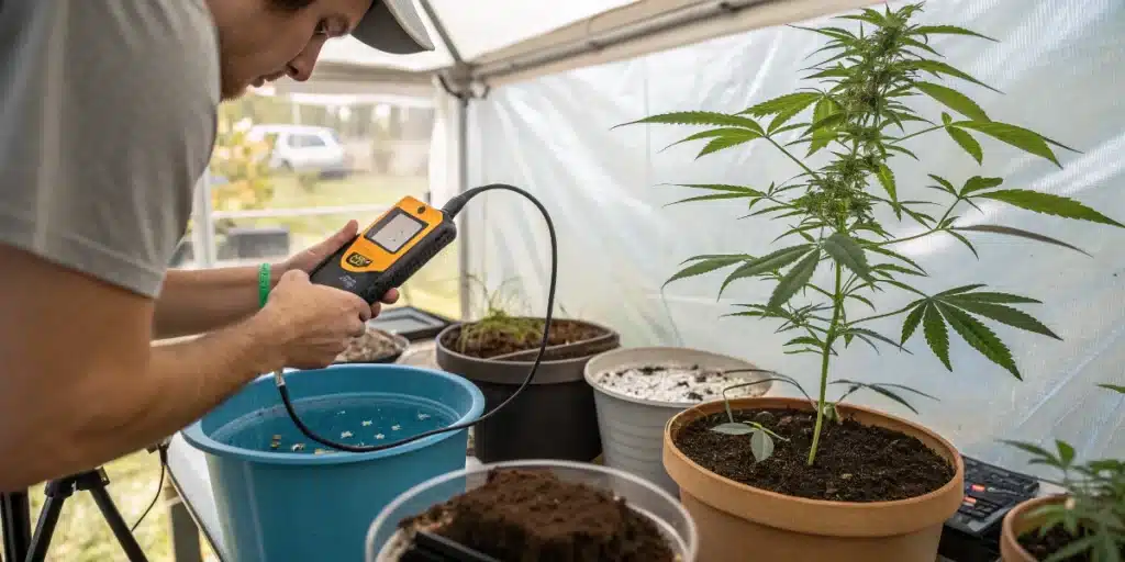Indoor weed soil analyzed with a handheld meter near cannabis plants in round pots inside a greenhouse-style setup