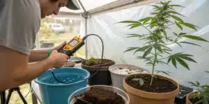 Indoor weed soil analyzed with a handheld meter near cannabis plants in round pots inside a greenhouse-style setup