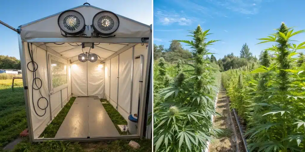 Greenhouse grow setup on the left and tall outdoor cannabis plants on the right under clear blue sky in large-scale cultivation area.