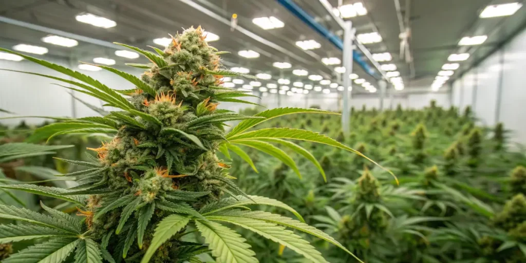 Jack Herer regular cannabis strain growing in a large, brightly lit indoor cultivation facility