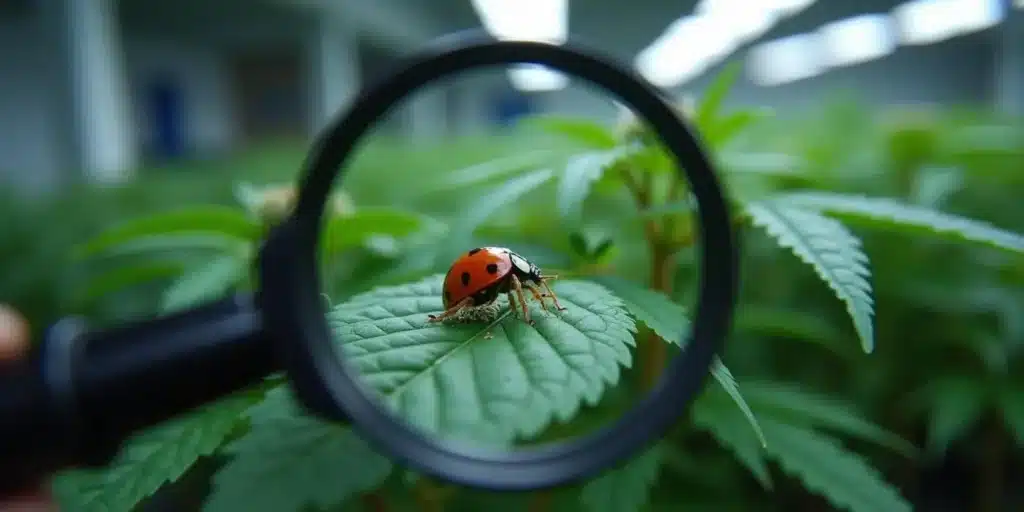 Ladybird on cannabis leaf under magnifying glass.