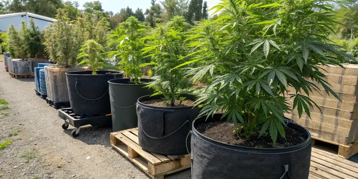 Mature cannabis plants thriving in large black containers placed on pallets in an outdoor setup.