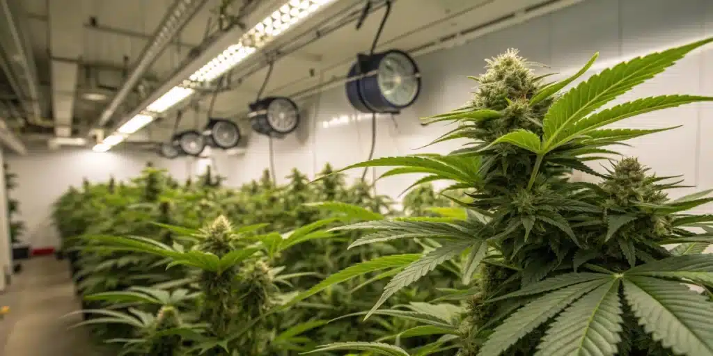 Indoor grow room with rows of healthy cannabis under timed lights and fans; keyword: light cycle for pot plants.