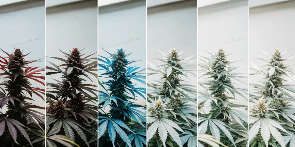 Cannabis plants showing color variation from red to green in different growth stages