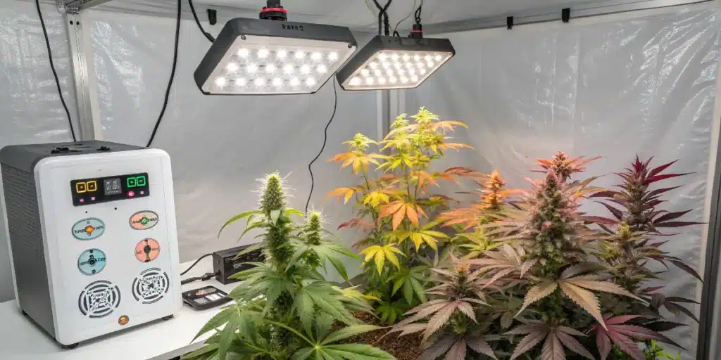 Indoor cannabis plants under LED grow lights showing diverse leaf colors
