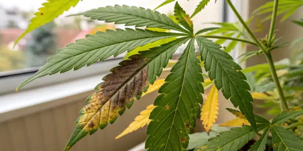Growing marijuana indoors tips and tricks for beginners shown as a man examines dense buds with magnifying glass in a yellow-lit tent.