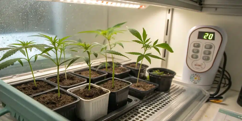 Marijuana seedling stage shown with early growth plants in plastic containers and a thermostat reading 20°C under grow lights