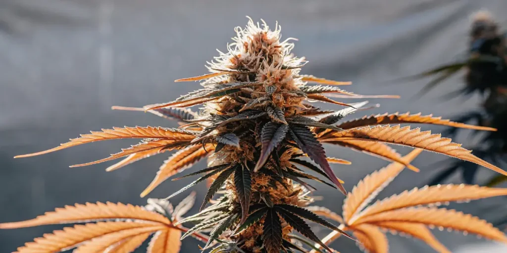 Close-up of a mature cannabis plant with orange and purple leaves during late flowering stage.