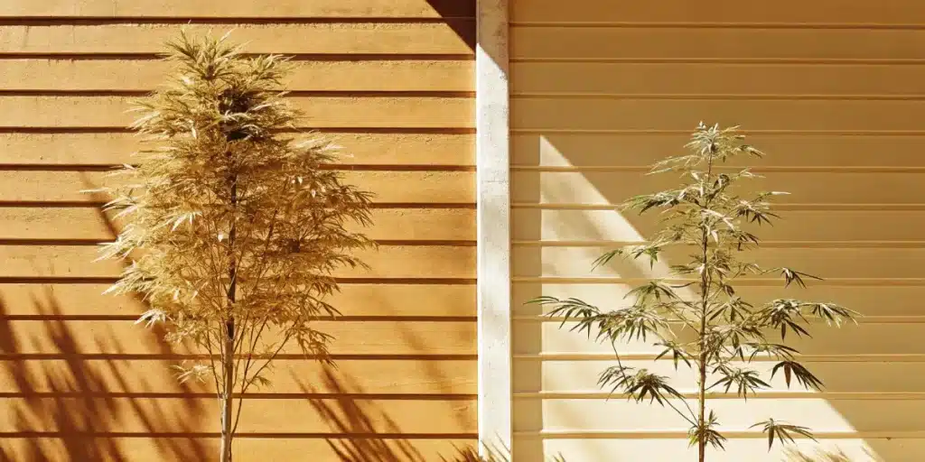 Outdoor cannabis color comparison with one yellow plant and one green plant in full sun.