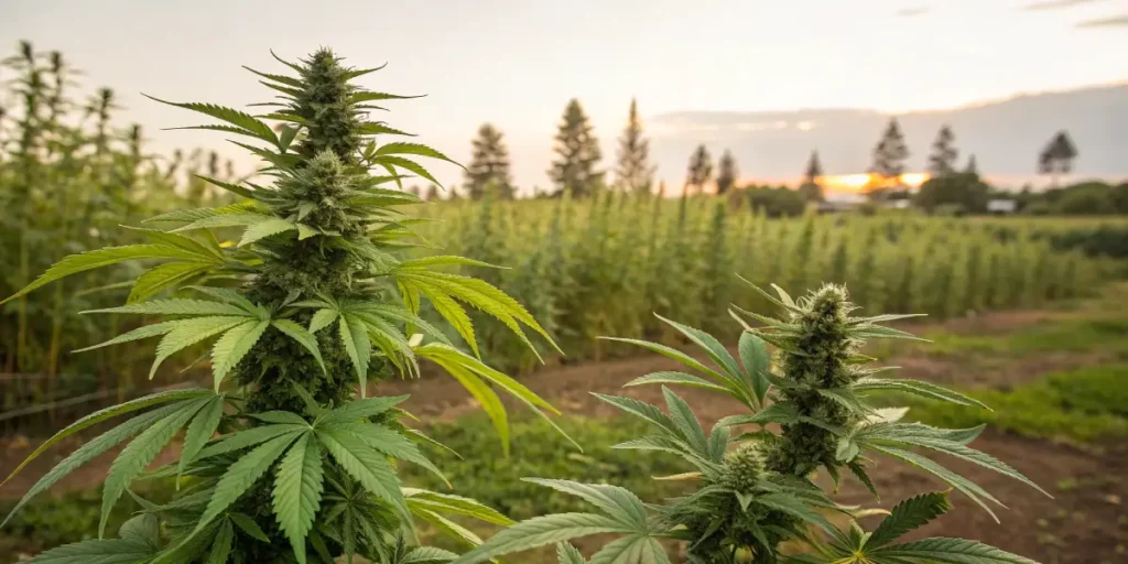 Outdoor cannabis plants growing in a field at sunset with trees in the background
