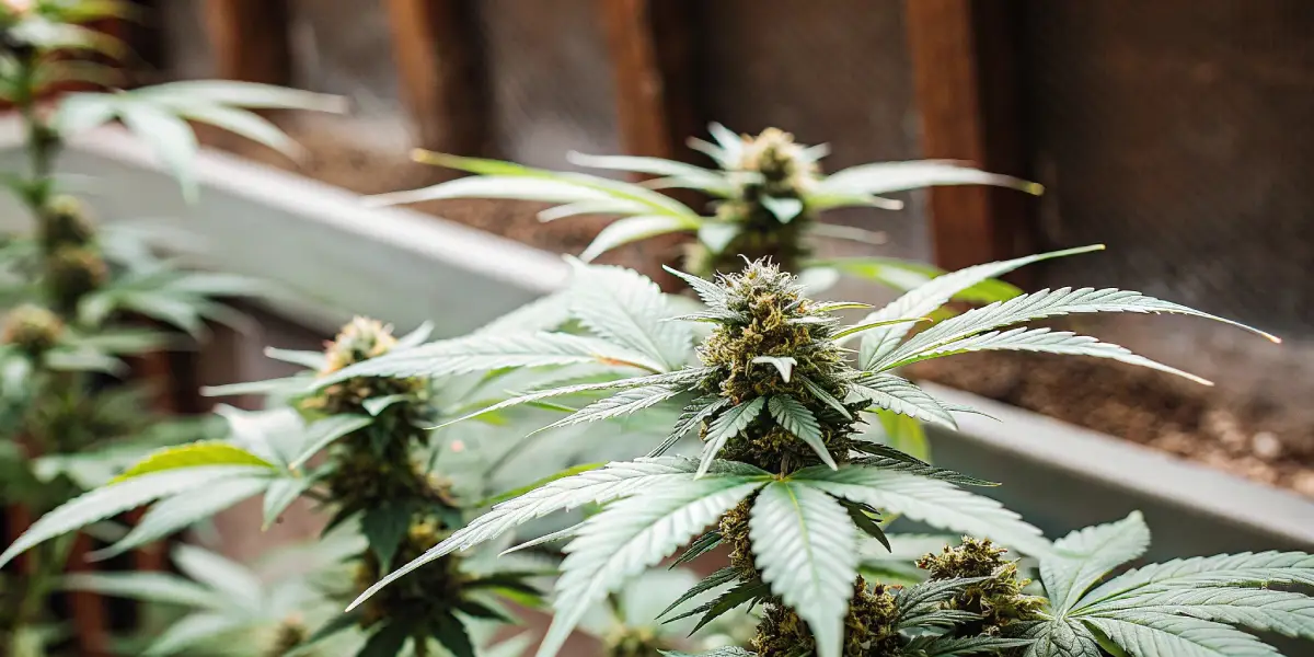 Outdoor cannabis plant with dense green buds and serrated leaves in closeup view.