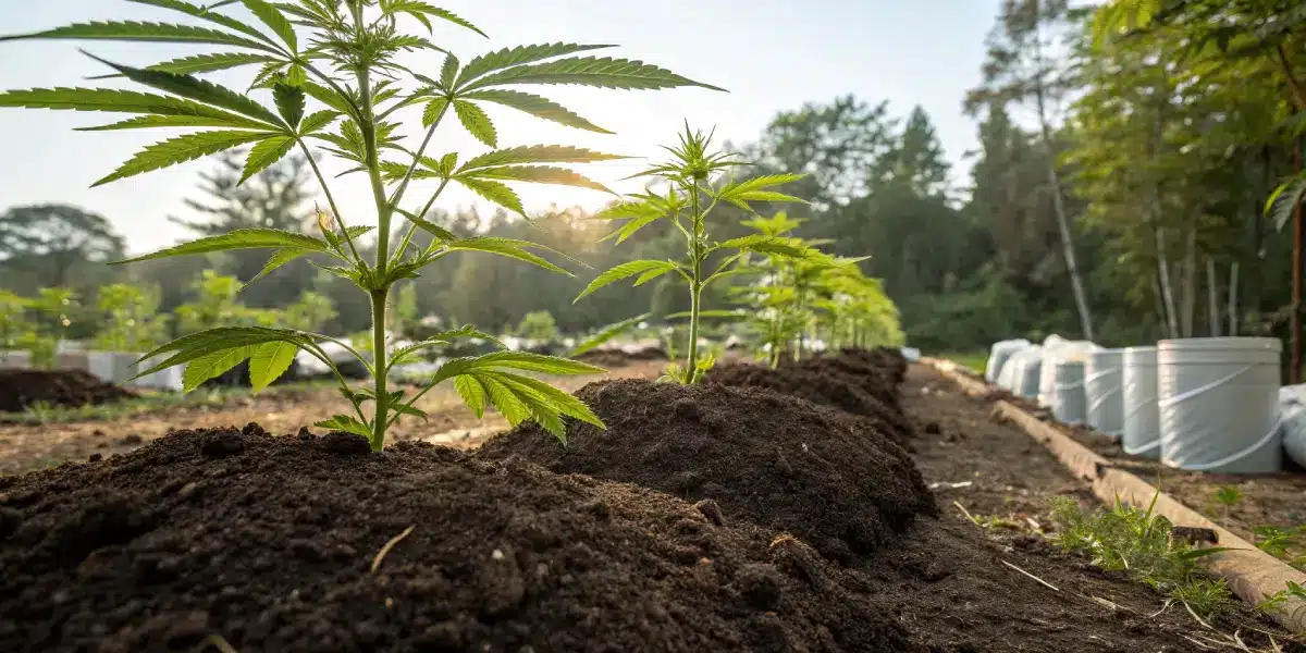 Young cannabis plants growing in nutrient-rich soil rows under daylight