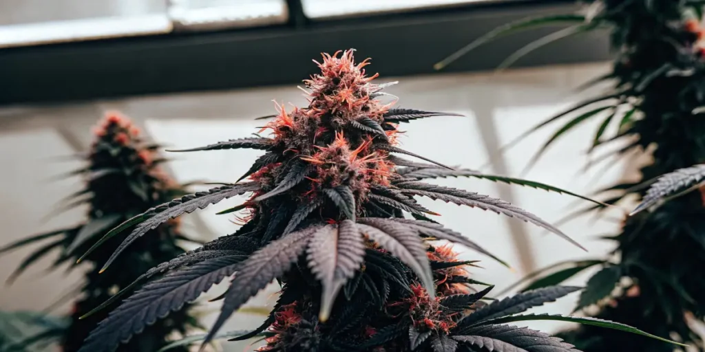 Purple cannabis bud with vivid red hairs and dark leaves in indoor garden  