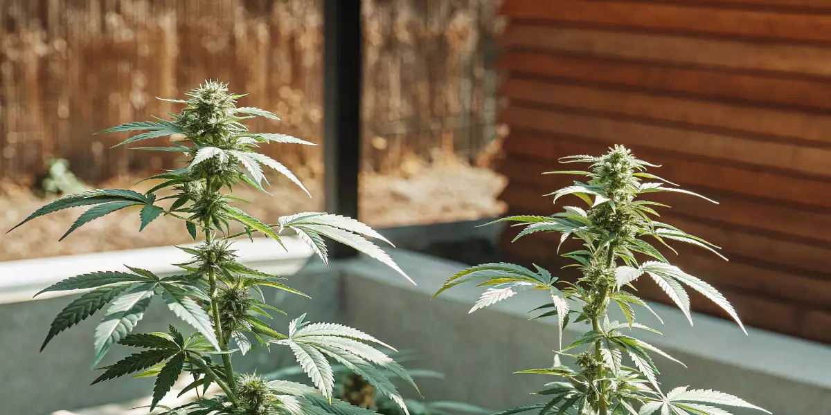 Side-by-side cannabis plants growing in a sunny outdoor bed near a wooden fence.