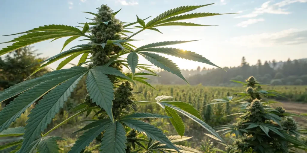 Sunlit cannabis plant in an open field with large green leaves and buds