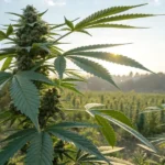 Sunlit cannabis plant in an open field with large green leaves and buds