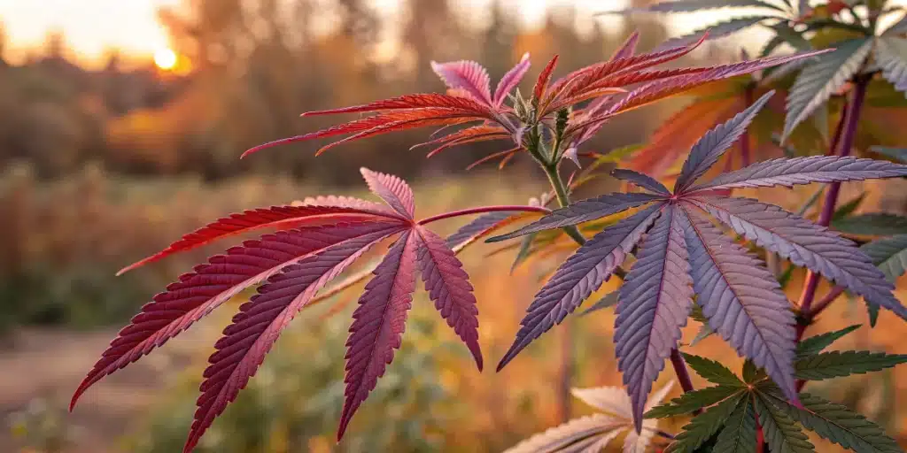 Close-up of red cannabis leaves during autumn sunset in outdoor garden