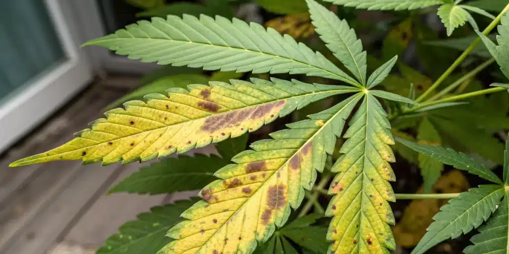 Weed growing indoors tips demonstrated by yellowing leaves with brown spots indicating nutrient deficiency on a cannabis plant.