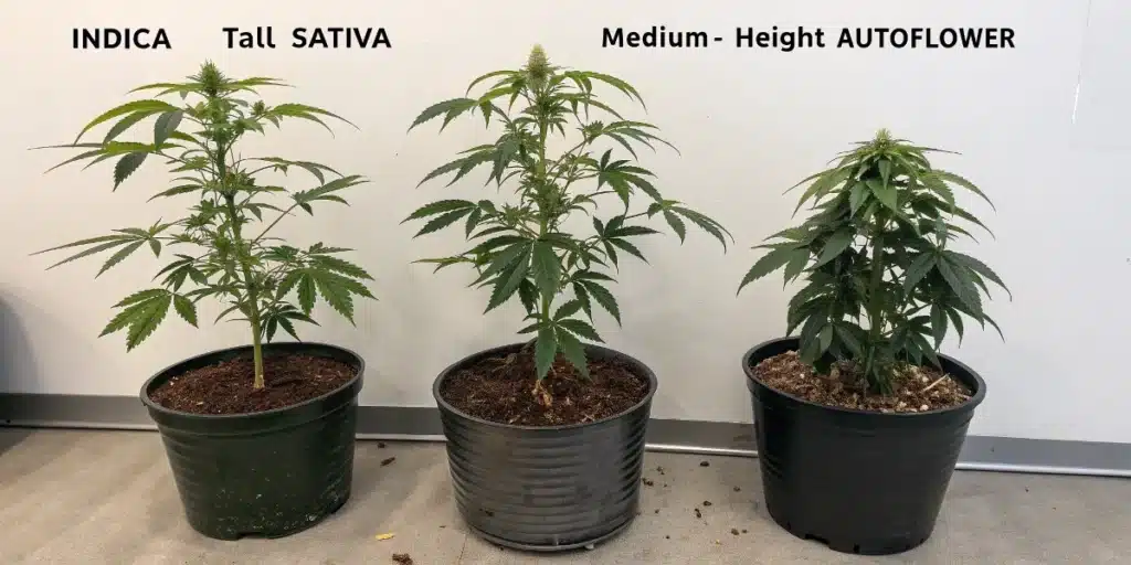 Cannabis growing stages in indoor setup showing bud development under LED lighting and reflective tent walls.