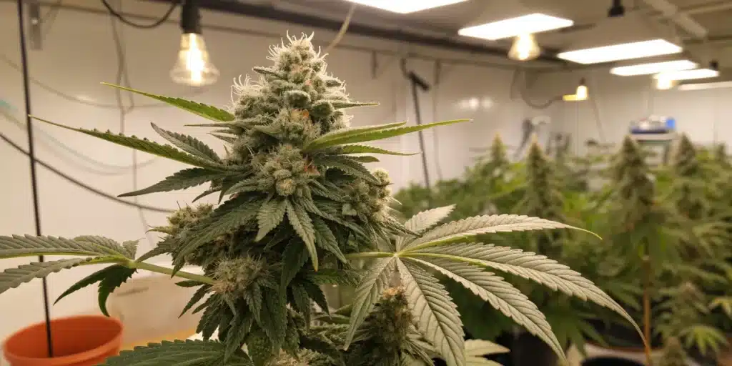 Cannabis plants in early development stages labeled germination, seeding, vegetative, and flowering for weed growing stages.