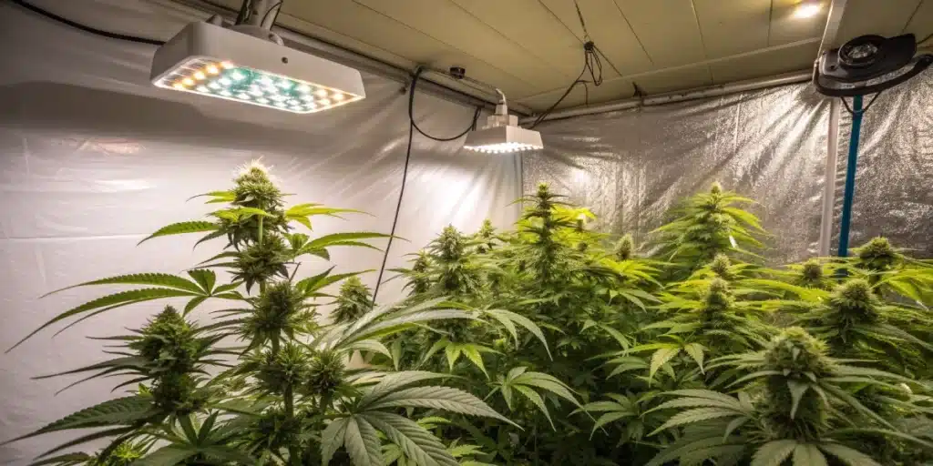 Cannabis plants in early vegetative stage under white LED lights inside a grow tent; keyword: weed veg stage