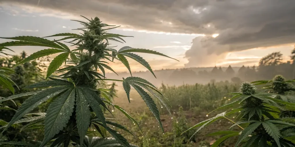 Cannabis plants wet from rain under a dramatic sunset sky.