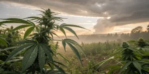Cannabis plants wet from rain under a dramatic sunset sky.