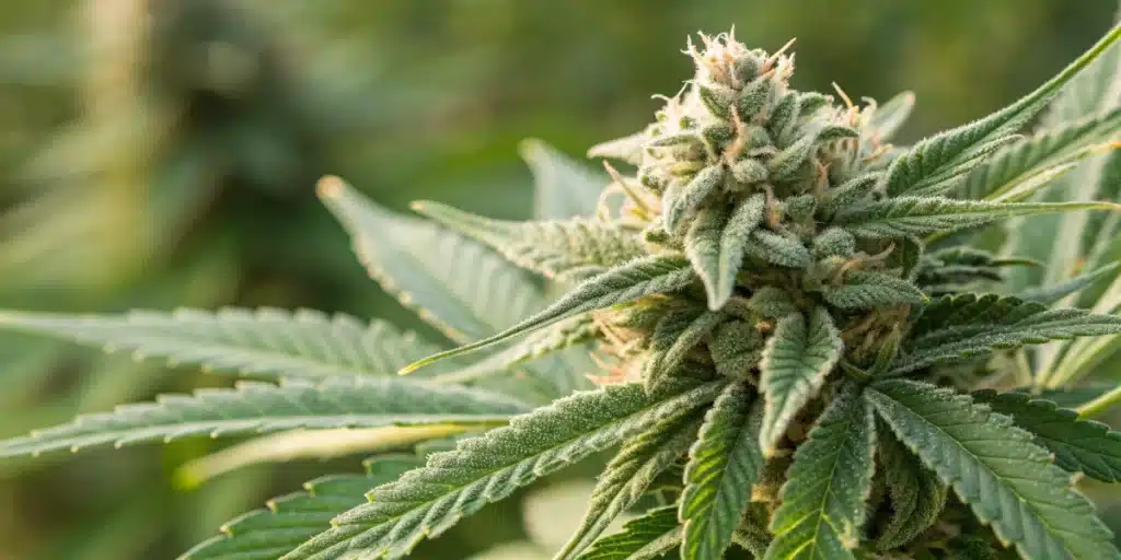 Realistic close-up of a Kush bud highlighting sparkling trichomes and rich textures, illustrating its premium genetic heritage.