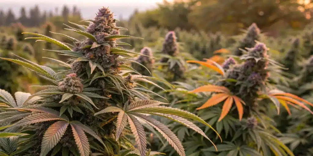 Realistic view of Kush strains with dense, resinous buds displaying unique colors and heritage in a natural outdoor setting.