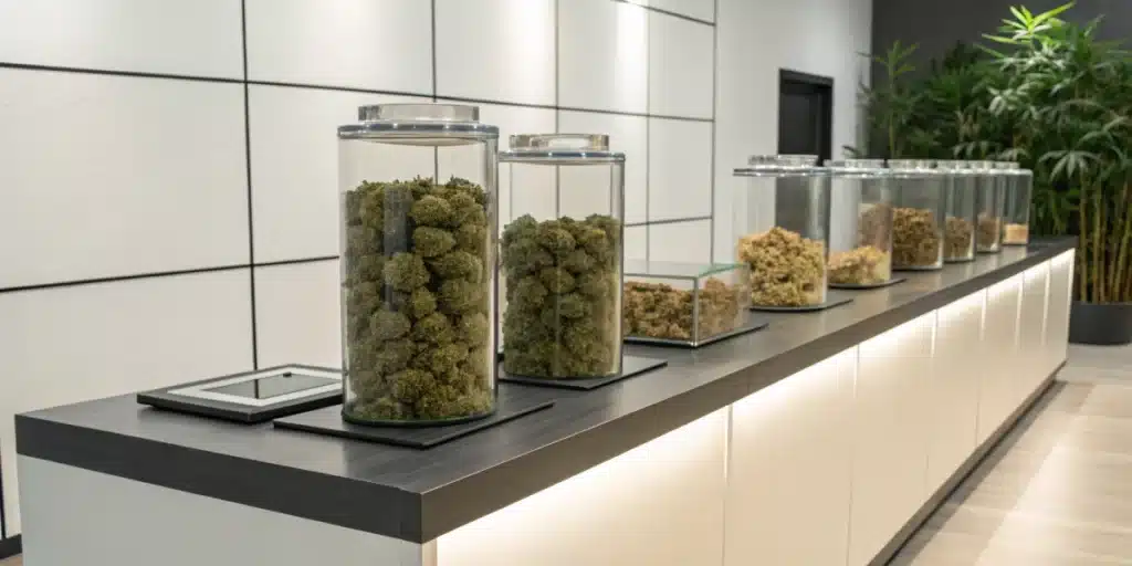 Realistic image of a dispensary shelf showcasing premium Kush strains, emphasizing their distinctive appearance and high-quality heritage.