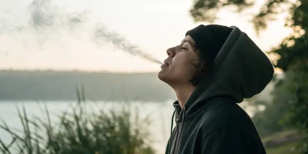 Realistic outdoor scene demonstrating whats a sploof in use, effectively filtering cannabis smoke for a subtle, discreet experience.