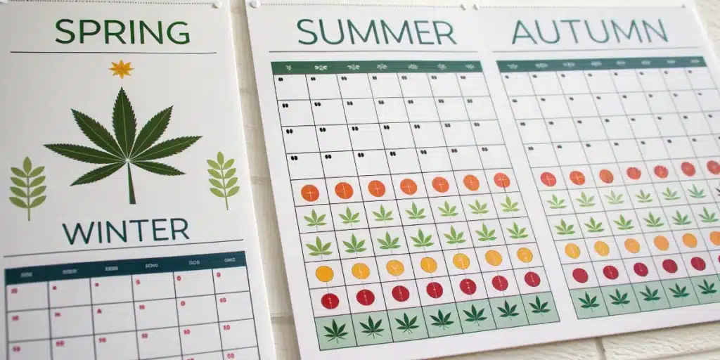 Close-up of a calendar showing seasonal cannabis growth stages with icons for Spring, Summer, Autumn, and Winter.