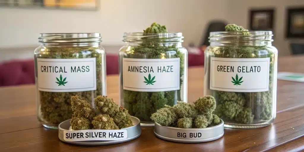 Three labeled jars of dried cannabis: Critical Mass, Amnesia Haze, Green Gelato, with loose buds.