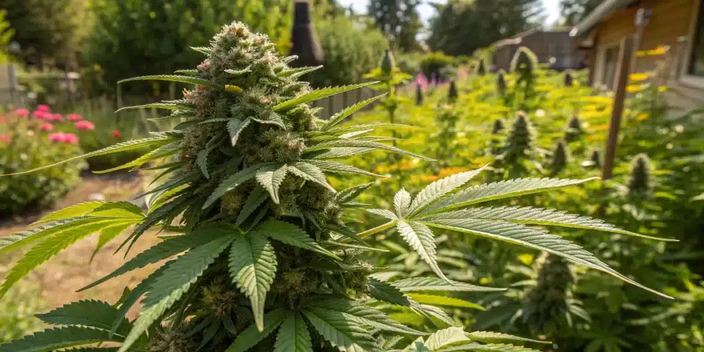 Close-up of a large, mature outdoor cannabis plant with visible buds in a garden setting.