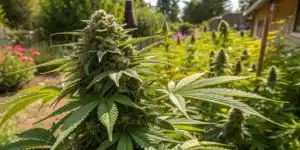 Close-up of a large, mature outdoor cannabis plant with visible buds in a garden setting.