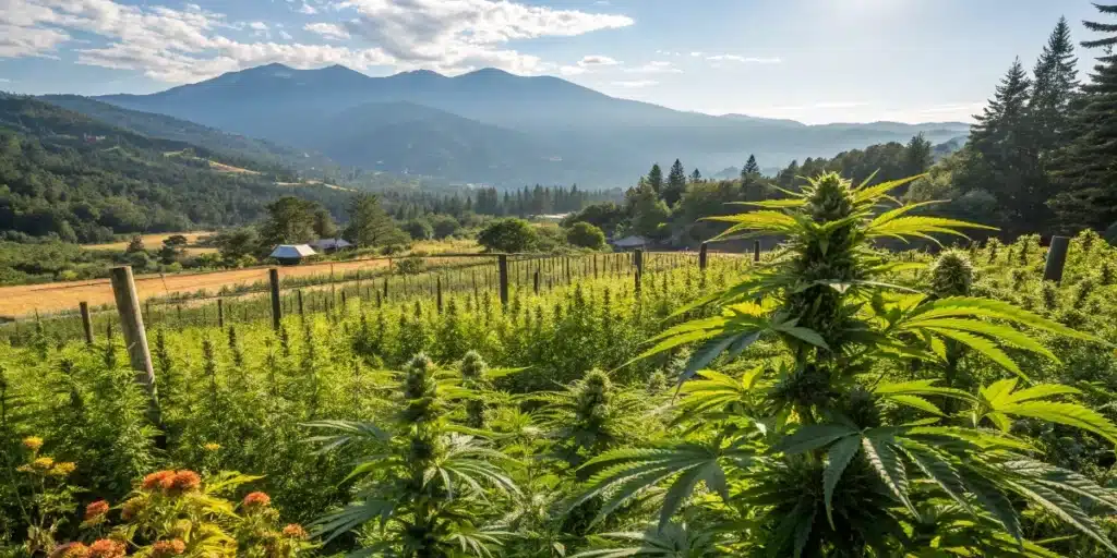 Lush marijuana field with rows of plants extending into a valley surrounded by mountains, under a sunny sky.