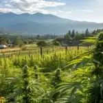 Lush marijuana field with rows of plants extending into a valley surrounded by mountains, under a sunny sky.