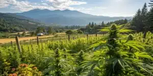 Lush marijuana field with rows of plants extending into a valley surrounded by mountains, under a sunny sky.
