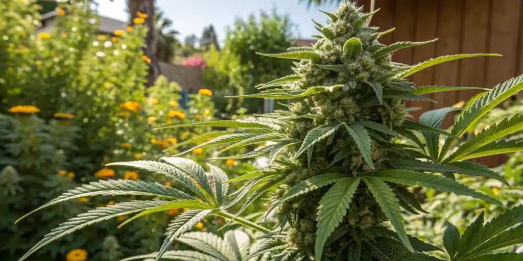 Detailed view of a cannabis plant's bud and leaves in a sunny outdoor garden.