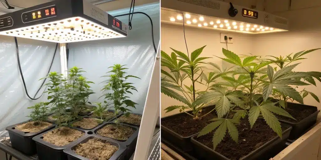 Split image: two indoor cannabis grow setups with potted plants under different overhead LED lights, one showing digital readings.