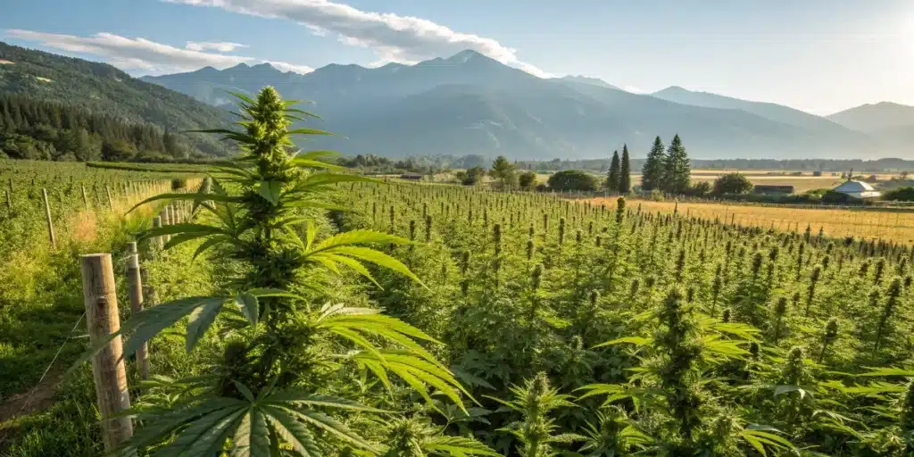 Expansive outdoor cannabis field with tall green plants and distant mountains, bathed in sunlight.