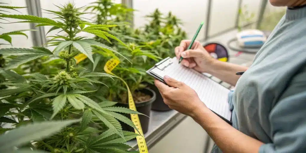 Grower taking notes next to cannabis plants with measuring tape, evaluating growth; keyword: when to switch from vegetative to flowering stage