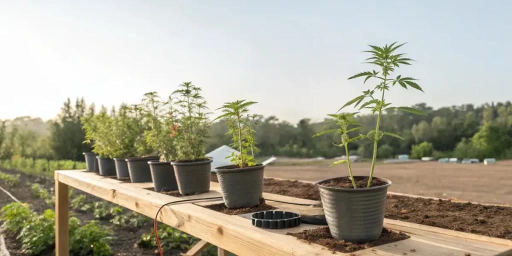 Young cannabis plants in plastic pots arranged on a wooden table outdoors in a farm setting
