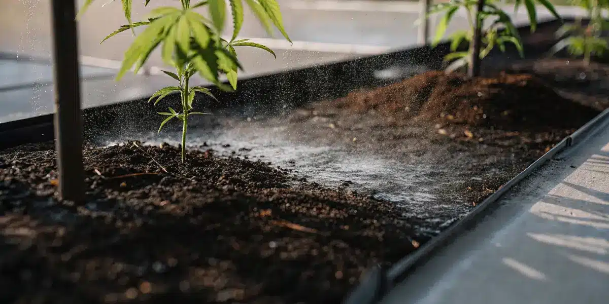 Young cannabis plants being watered by a mist irrigation system in outdoor soil beds.