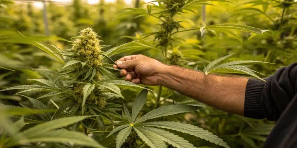 Hand examining mature 24K Gold Regular Strain buds in an indoor grow room surrounded by dense green foliage.