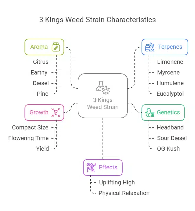 3 Kings Weed Strain traits map showing aroma, terpene profile, effects, genetics, and yield potential in a colorful infographic.
