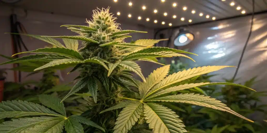 Flowering 3 Kings Weed Strain plant under LED grow lights in an indoor grow tent with lush green fan leaves.