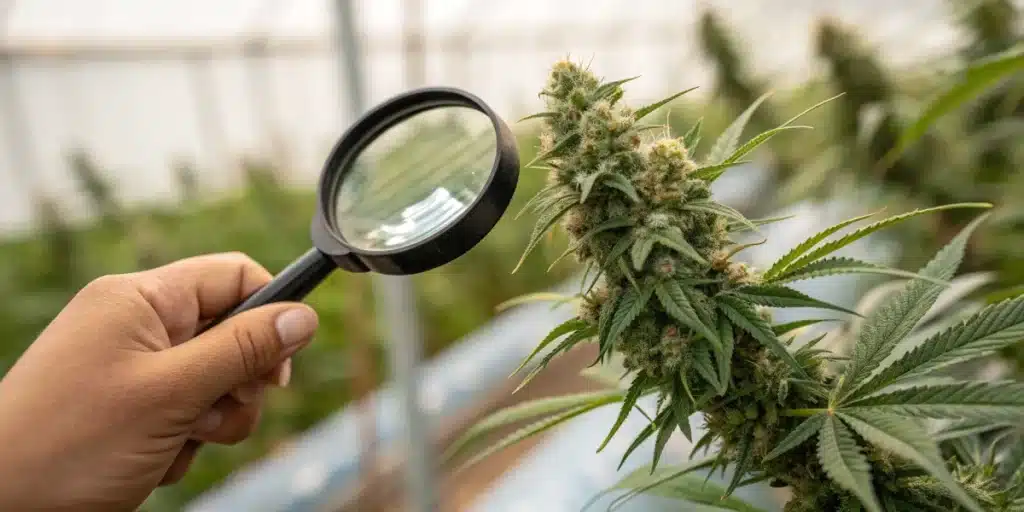 Magnifying glass inspecting resinous 3 Kings Weed Strain bud growing outdoors in a greenhouse setting with green foliage.
